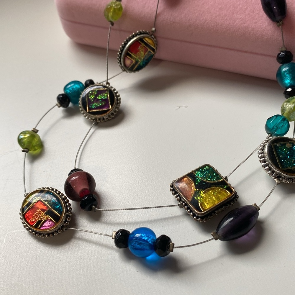 Vibrant Multicolor Mosaic Necklace with Earrings Trio. Vintage. EUC - Picture 3 of 15